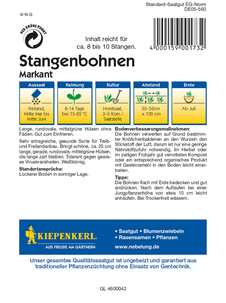 Stangenbohne 'Markant' - Kiepenkerl - Pflanzen > Saatgut > Gemüsesamen > Bohnensamen - DerGartenmarkt.de shop.dergartenmarkt.de