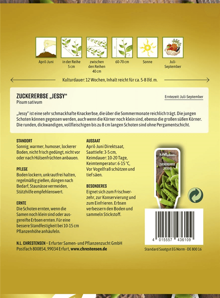Zuckererbsensamen 'Jessy' - Chrestensen - Pflanzen > Saatgut > Gemüsesamen > Erbsensamen - DerGartenmarkt.de shop.dergartenmarkt.de