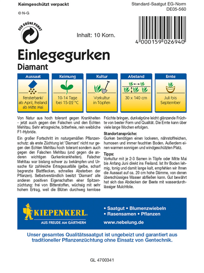Einlegegurke 'Diamant F1' - Kiepenkerl - Pflanzen > Saatgut > Gemüsesamen > Gurkensamen - DerGartenmarkt.de shop.dergartenmarkt.de