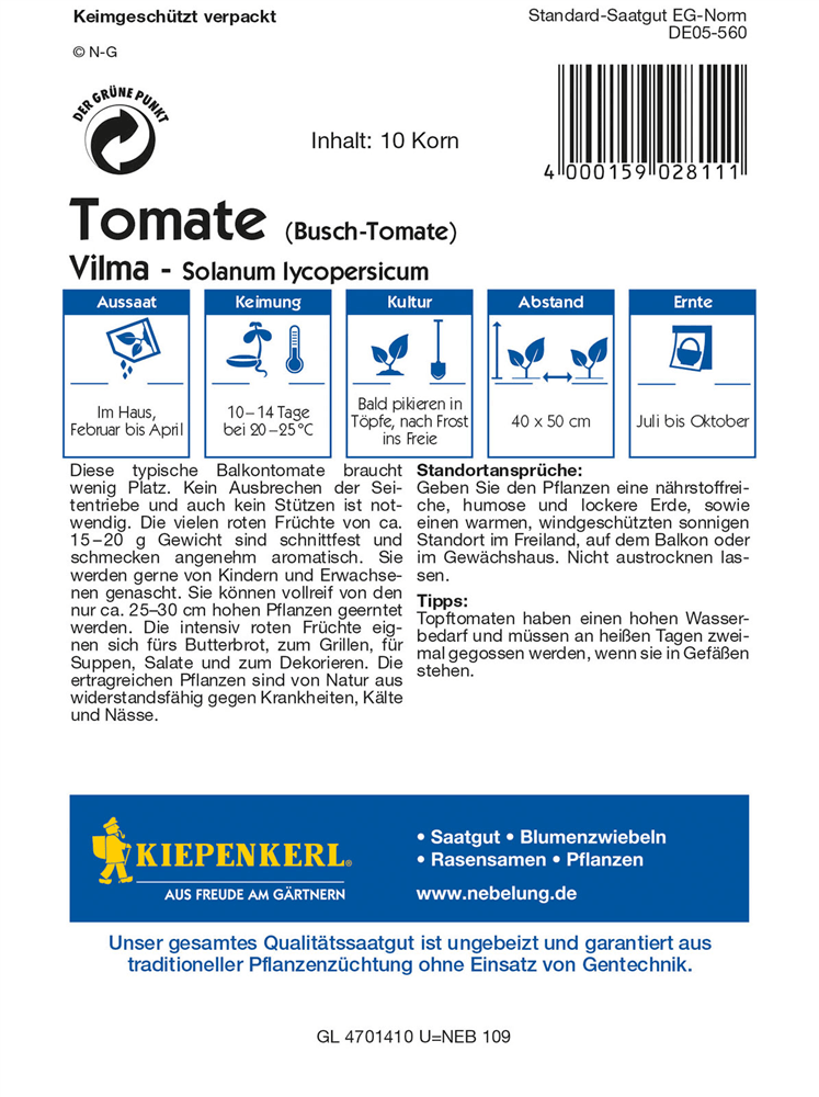 Tomate 'Vilma' - Kiepenkerl - Pflanzen > Saatgut > Gemüsesamen > Tomatensamen - DerGartenmarkt.de shop.dergartenmarkt.de