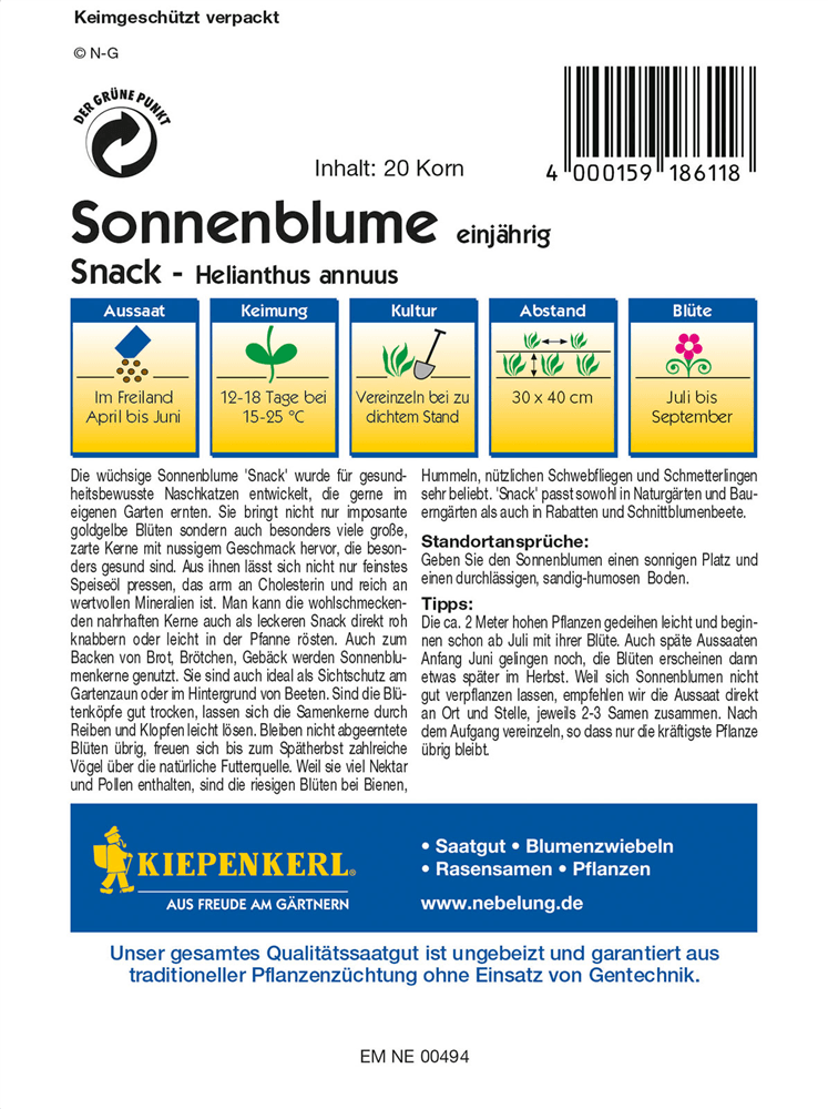 Sonnenblume 'Snack' - Kiepenkerl - Pflanzen > Saatgut > Blumensamen - DerGartenmarkt.de shop.dergartenmarkt.de