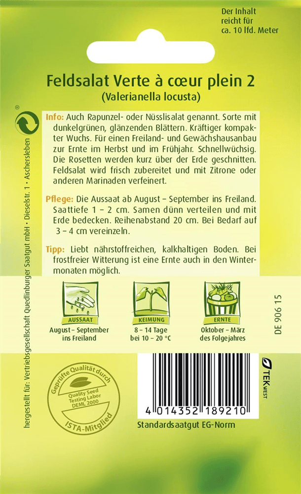 Feldsalatsamen 'Verte a coeur plein' - Quedlinburger Saatgut - Pflanzen > Saatgut > Gemüsesamen > Salatsamen - DerGartenmarkt.de shop.dergartenmarkt.de