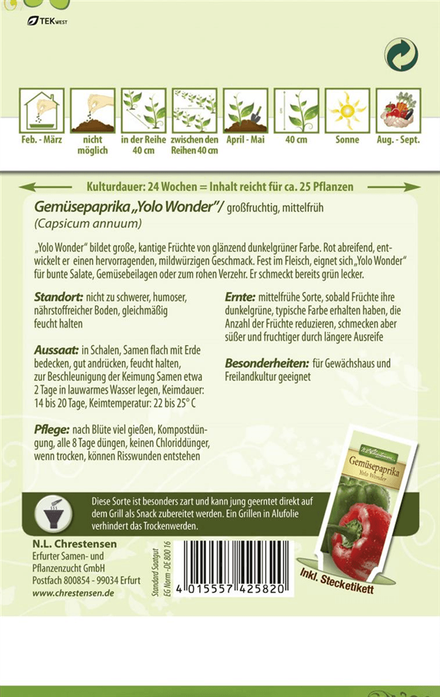 Paprikasamen 'Yolo Wonder B' - Chrestensen - Pflanzen > Saatgut > Gemüsesamen > Paprikasamen - DerGartenmarkt.de shop.dergartenmarkt.de