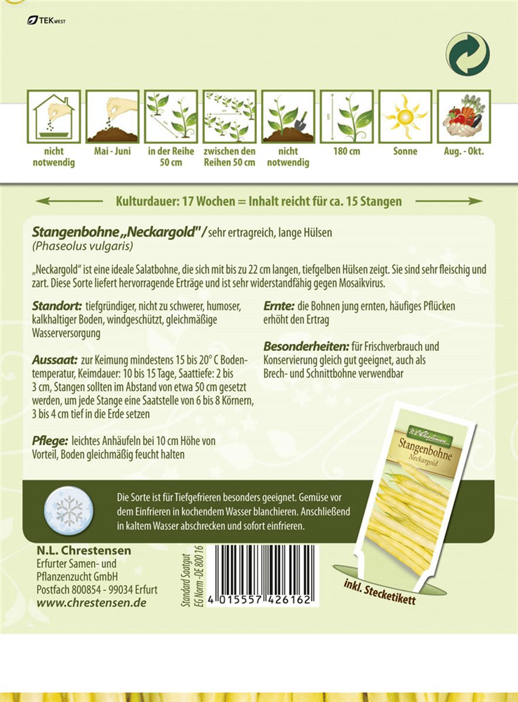 Stangenbohnensamen 'Neckargold' - Chrestensen - Pflanzen > Saatgut > Gemüsesamen > Bohnensamen - DerGartenmarkt.de shop.dergartenmarkt.de