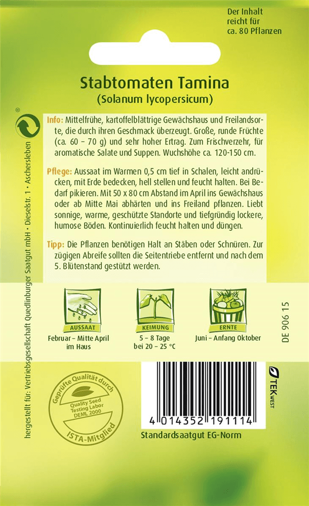 Tomatensamen 'Tamina' - Quedlinburger Saatgut - Pflanzen > Saatgut > Gemüsesamen > Tomatensamen - DerGartenmarkt.de shop.dergartenmarkt.de