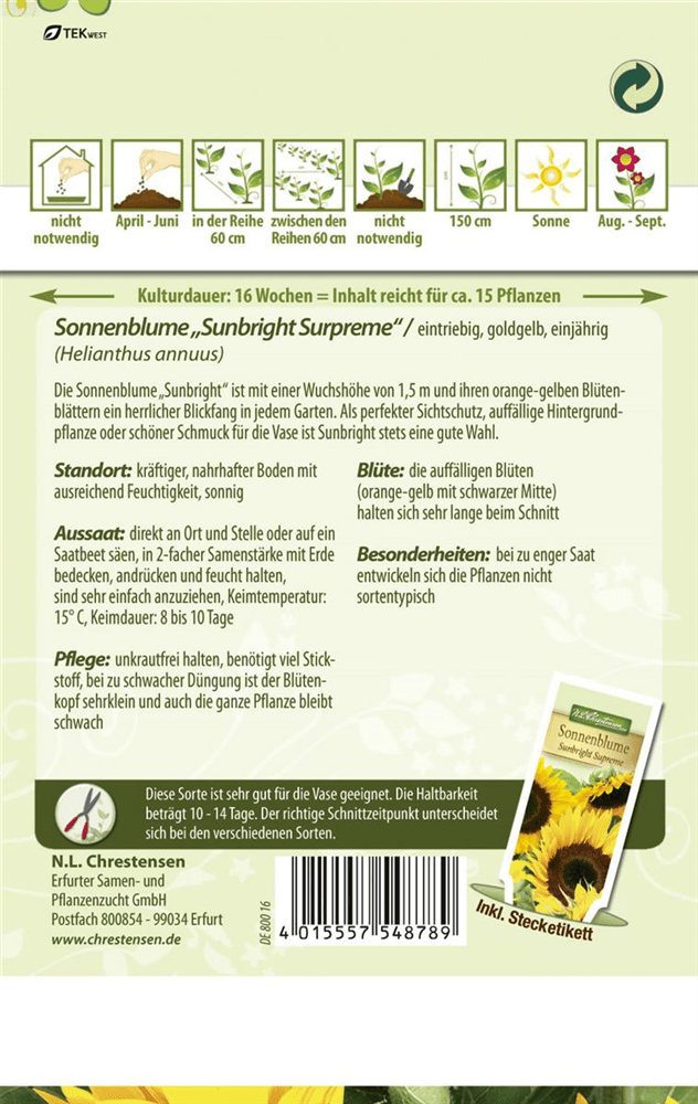 Sonnenblumensamen 'Sunbright' - Chrestensen - Pflanzen > Saatgut > Blumensamen > Blumensamen, einjährig - DerGartenmarkt.de shop.dergartenmarkt.de