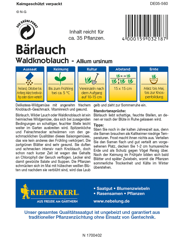 Bärlauch - Kiepenkerl - Pflanzen > Saatgut > Kräutersamen - DerGartenmarkt.de shop.dergartenmarkt.de