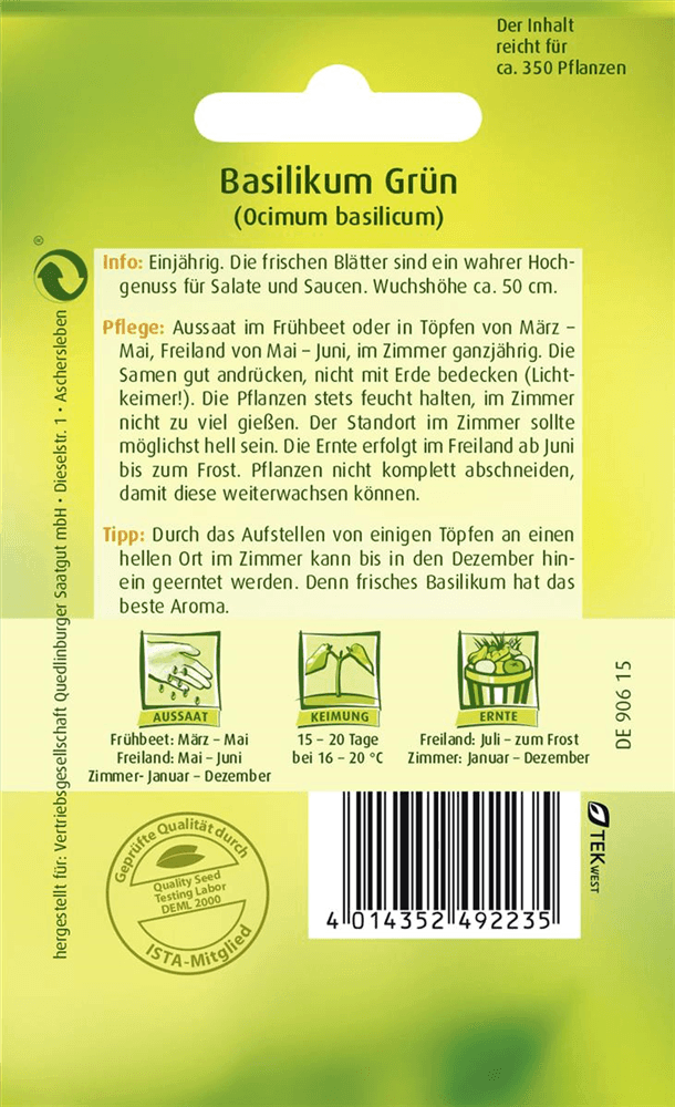 Basilikumsamen - Quedlinburger Saatgut - Pflanzen > Saatgut > Kräutersamen > Basilikumsamen - DerGartenmarkt.de shop.dergartenmarkt.de