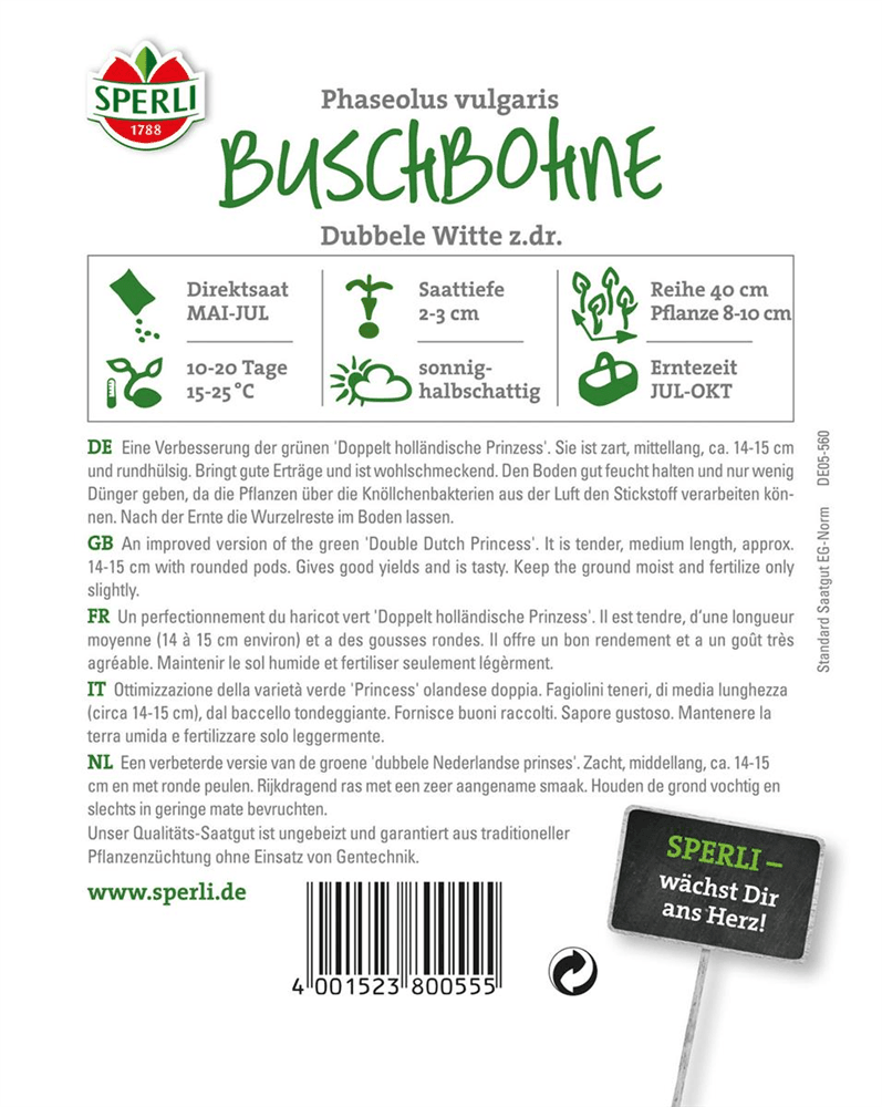 Busch-Bohne 'Doppelte holländische Prinzess' - Sperli - Pflanzen > Saatgut > Gemüsesamen > Bohnensamen - DerGartenmarkt.de shop.dergartenmarkt.de