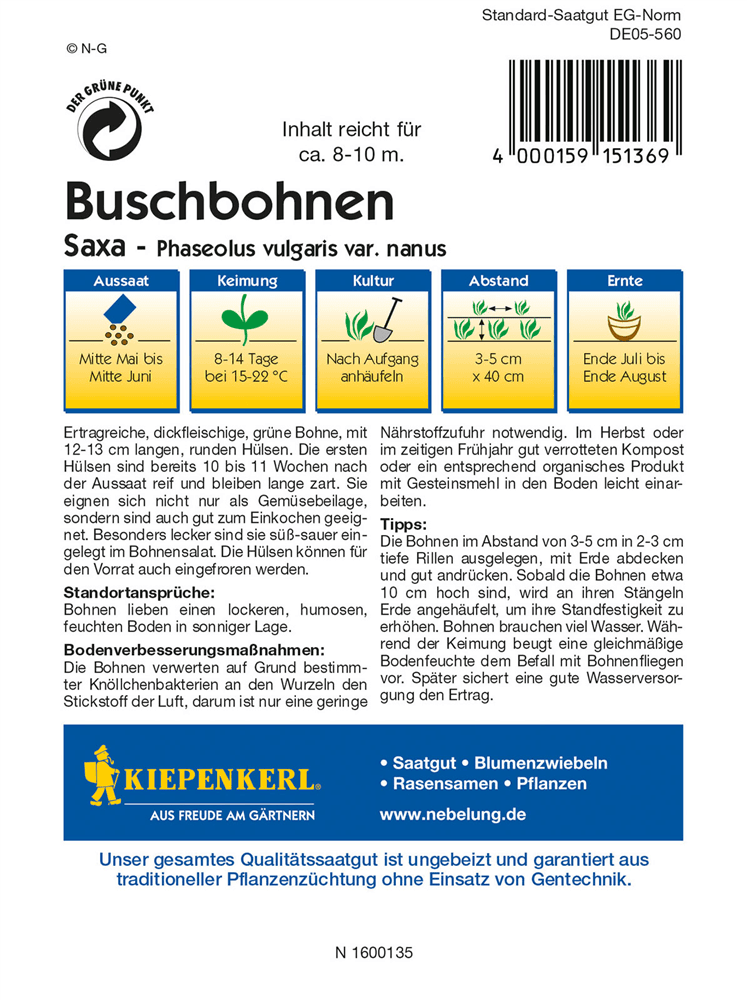 Busch-Bohne 'Saxa' - Kiepenkerl - Pflanzen > Saatgut > Gemüsesamen > Bohnensamen - DerGartenmarkt.de shop.dergartenmarkt.de