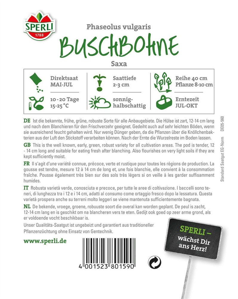 Busch-Bohne 'Saxa' - Sperli - Pflanzen > Saatgut > Gemüsesamen > Bohnensamen - DerGartenmarkt.de shop.dergartenmarkt.de