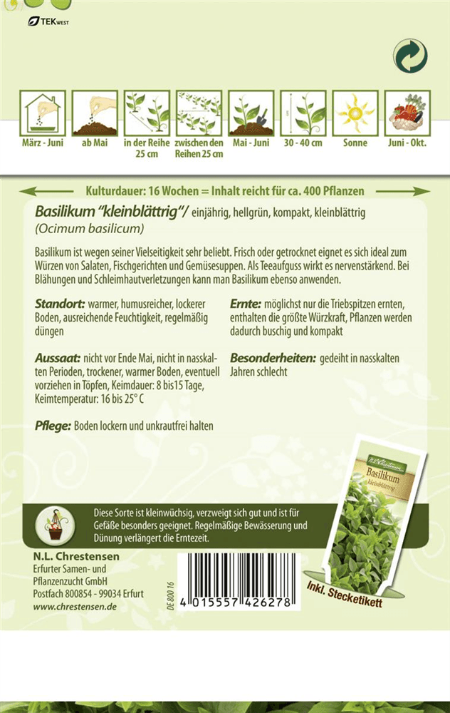 Buschbasilikumsamen - Chrestensen - Pflanzen > Saatgut > Kräutersamen > Basilikumsamen - DerGartenmarkt.de shop.dergartenmarkt.de