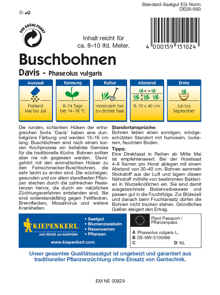 Buschbohne 'Davis' - Kiepenkerl - Pflanzen > Saatgut > Gemüsesamen > Bohnensamen - DerGartenmarkt.de shop.dergartenmarkt.de