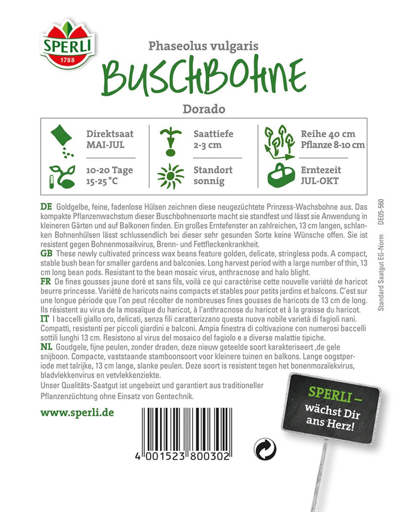 Buschbohne 'Dorado' - Sperli - Pflanzen > Saatgut > Gemüsesamen > Bohnensamen - DerGartenmarkt.de shop.dergartenmarkt.de