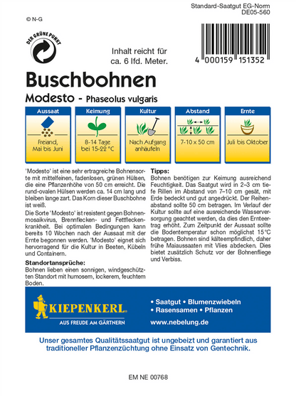 Buschbohne 'Modesto' - Kiepenkerl - Pflanzen > Saatgut > Gemüsesamen > Bohnensamen - DerGartenmarkt.de shop.dergartenmarkt.de