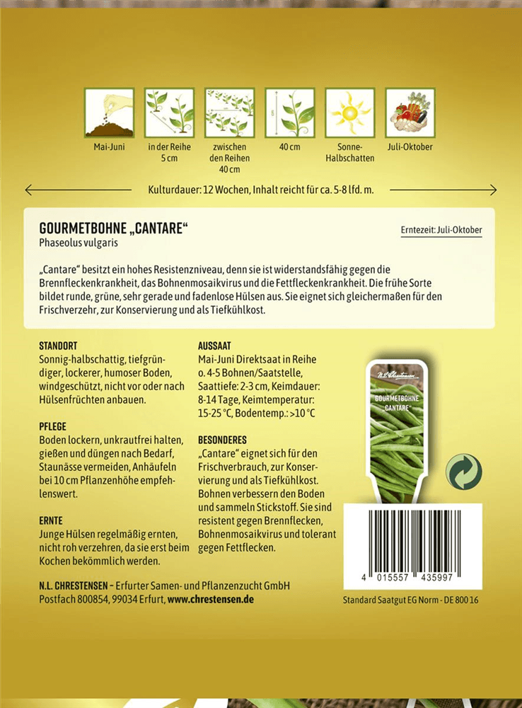 Buschbohnensamen 'Cantare' - Chrestensen - Pflanzen > Saatgut > Gemüsesamen > Bohnensamen - DerGartenmarkt.de shop.dergartenmarkt.de