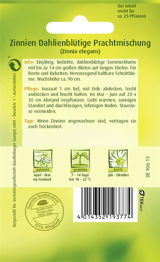Dahlienblütige Zinnie-Samen - Quedlinburger Saatgut - Pflanzen > Saatgut > Blumensamen > Blumensamen, einjährig - DerGartenmarkt.de shop.dergartenmarkt.de