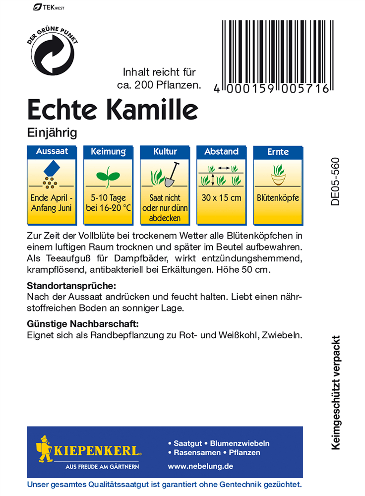 Echte Kamille - Kiepenkerl - Pflanzen > Saatgut > Kräutersamen - DerGartenmarkt.de shop.dergartenmarkt.de