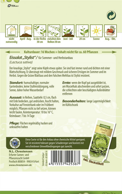 Eisbergsalatsamen 'Stylist' - Chrestensen - Pflanzen > Saatgut > Gemüsesamen > Salatsamen - DerGartenmarkt.de shop.dergartenmarkt.de