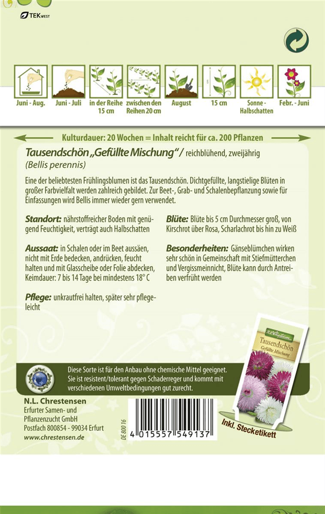 Gefülltes Gänseblümchen-Samen - Chrestensen - Pflanzen > Saatgut > Blumensamen > Blumensamen, mehrjährig - DerGartenmarkt.de shop.dergartenmarkt.de
