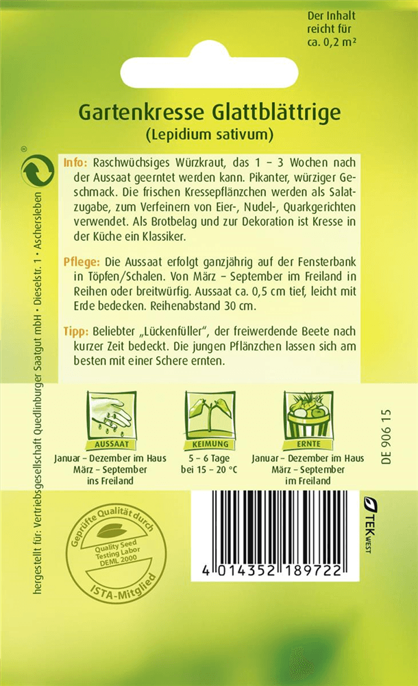 Glattblättrige Gartenkresse-Samen - Quedlinburger Saatgut - Pflanzen > Saatgut > Kräutersamen > Kressesamen - DerGartenmarkt.de shop.dergartenmarkt.de