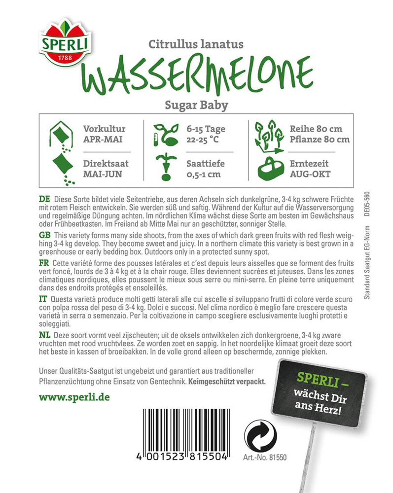 Kompakte Wassermelone 'Sugar Baby' - Sperli - Pflanzen > Saatgut > Obstsamen > Melonensamen - DerGartenmarkt.de shop.dergartenmarkt.de