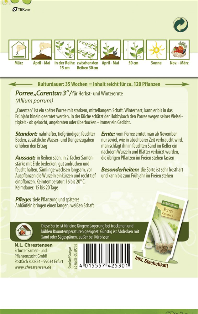 Lauchsamen 'Carentan 3' - Chrestensen - Pflanzen > Saatgut > Gemüsesamen > Porreesamen - DerGartenmarkt.de shop.dergartenmarkt.de