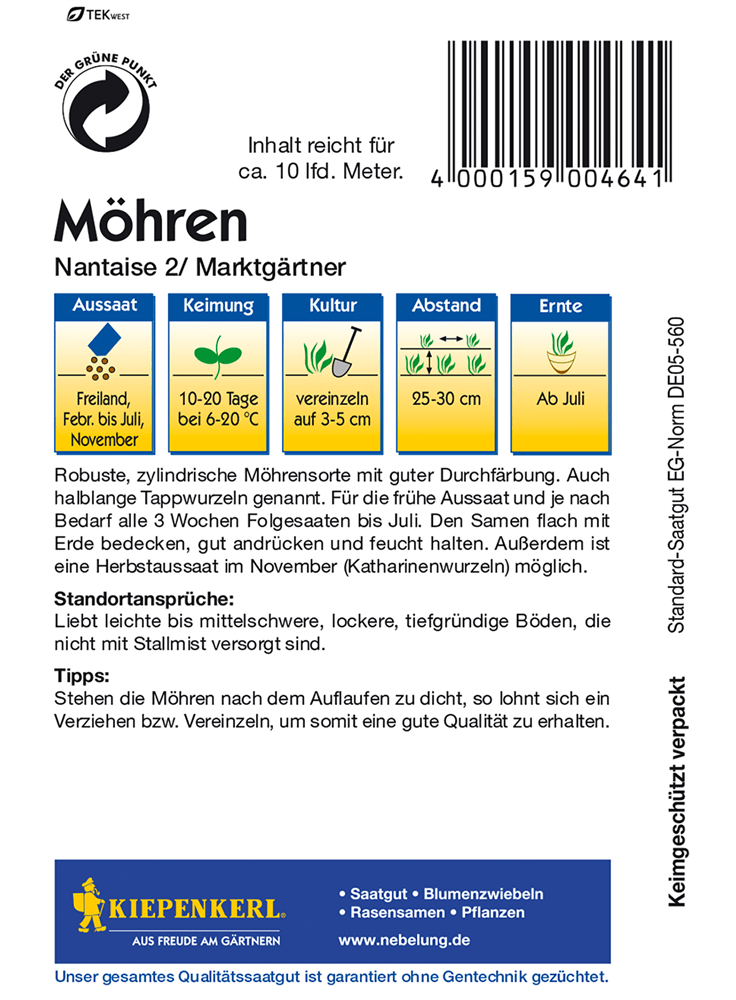 Möhre 'Nantaise 2' - Kiepenkerl - Pflanzen > Saatgut > Gemüsesamen > Möhrensamen - DerGartenmarkt.de shop.dergartenmarkt.de