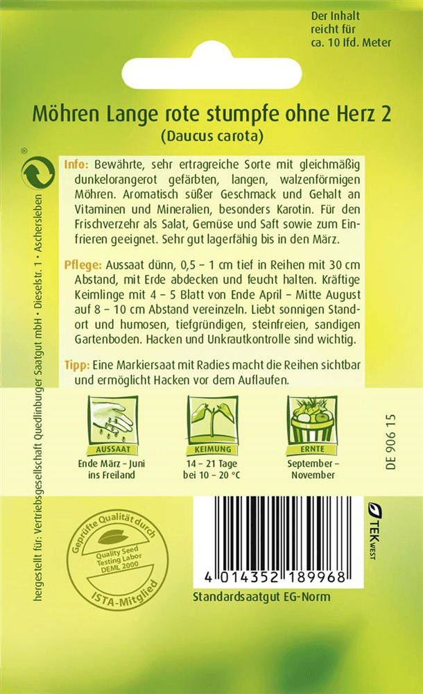 Möhrensamen 'Lange, Rote, Stumpfe ohne Herz 2' - Quedlinburger Saatgut - Pflanzen > Saatgut > Gemüsesamen > Möhrensamen - DerGartenmarkt.de shop.dergartenmarkt.de