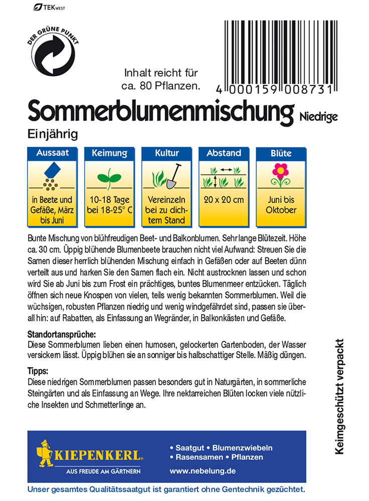 Niedrige Sommerblumen - Kiepenkerl - Pflanzen > Saatgut > Blumensamen > Blumensamen-Mischung - DerGartenmarkt.de shop.dergartenmarkt.de