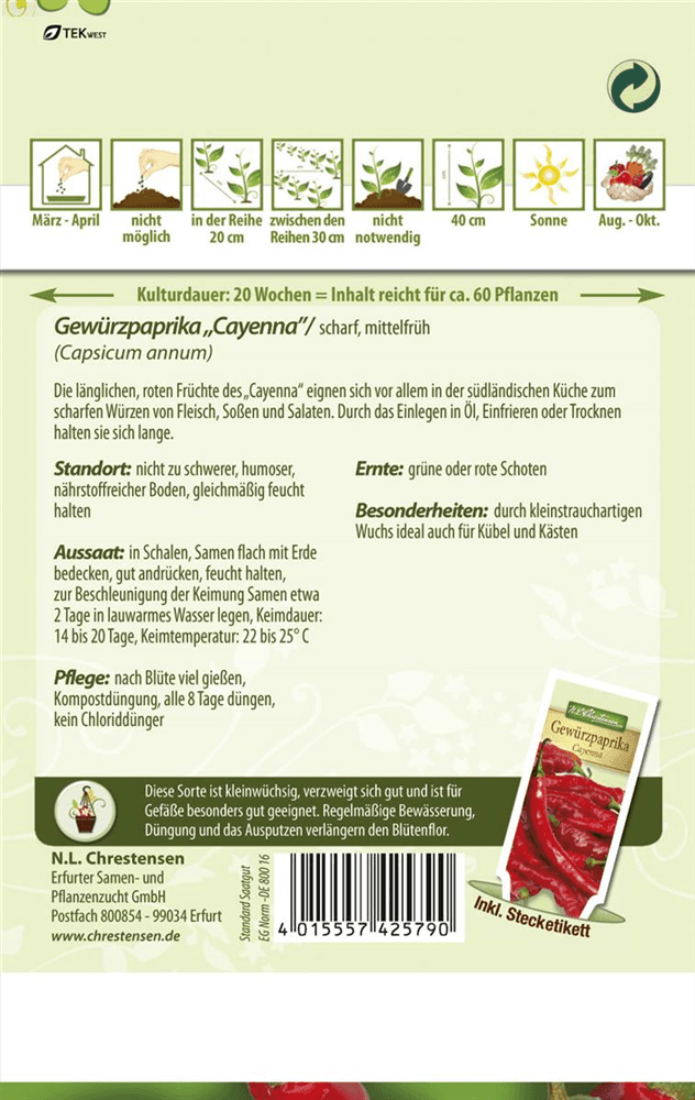 Paprikasamen 'Gewürzpfeffer Cayenna' - Chrestensen - Pflanzen > Saatgut > Gemüsesamen > Paprikasamen - DerGartenmarkt.de shop.dergartenmarkt.de