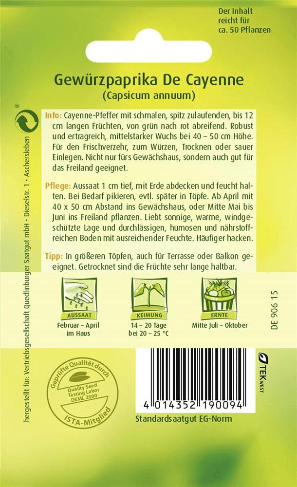 Peperonisamen 'De Cayenne' - Quedlinburger Saatgut - Pflanzen > Saatgut > Gemüsesamen > Paprikasamen - DerGartenmarkt.de shop.dergartenmarkt.de