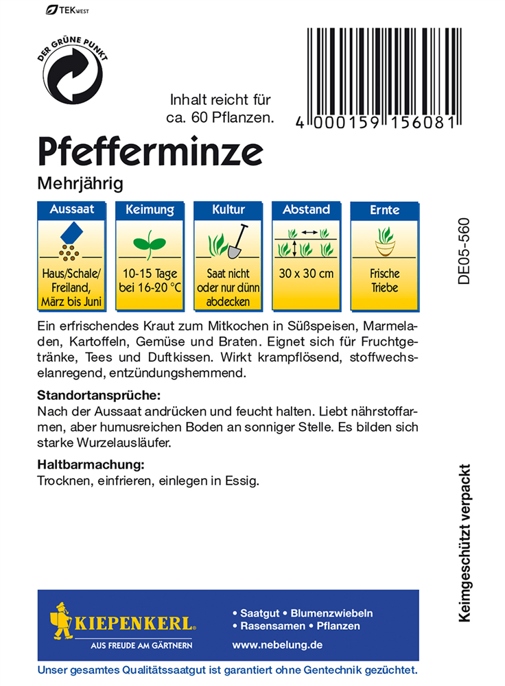 Pfefferminze - Kiepenkerl - Pflanzen > Saatgut > Kräutersamen - DerGartenmarkt.de shop.dergartenmarkt.de