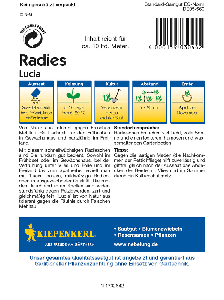 Radieschen 'Lucia' - Kiepenkerl - Pflanzen > Saatgut > Gemüsesamen > Radieschensamen - DerGartenmarkt.de shop.dergartenmarkt.de