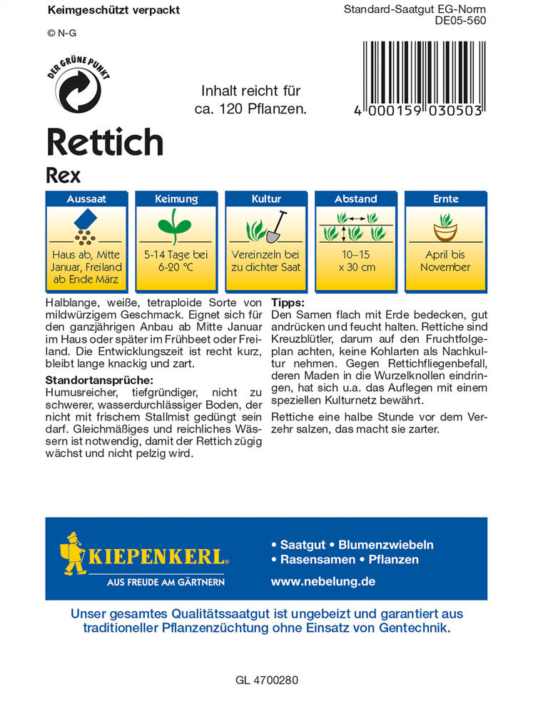 Rettich 'Rex' - Kiepenkerl - Pflanzen > Saatgut > Gemüsesamen > Rettichsamen - DerGartenmarkt.de shop.dergartenmarkt.de