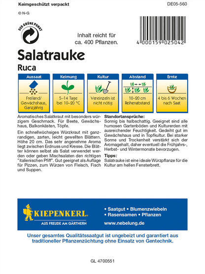 Salatrauke 'Ruca' - Kiepenkerl - Pflanzen > Saatgut > Gemüsesamen - DerGartenmarkt.de shop.dergartenmarkt.de