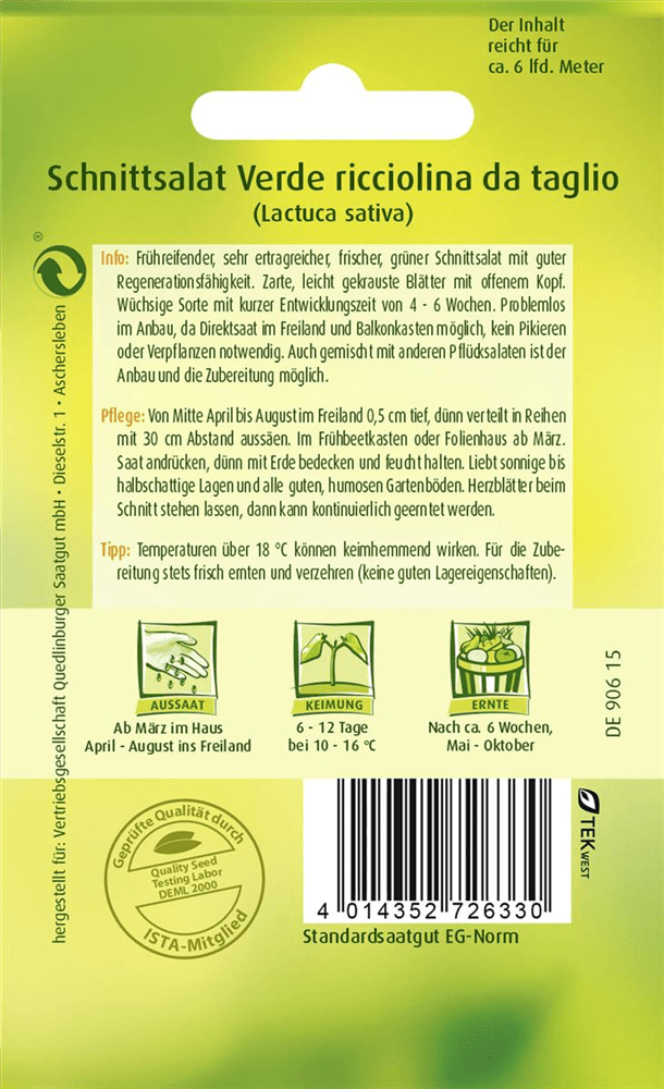 Schnittsalatsamen 'Verde Ricciolina da Taglio' - Quedlinburger Saatgut - Pflanzen > Saatgut > Gemüsesamen > Salatsamen - DerGartenmarkt.de shop.dergartenmarkt.de