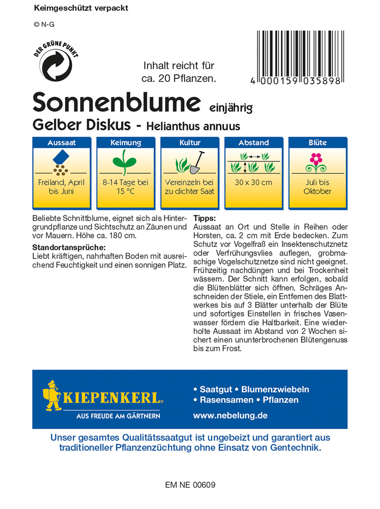 Sonnenblume 'Gelber Diskus' - Kiepenkerl - Pflanzen > Saatgut > Blumensamen - DerGartenmarkt.de shop.dergartenmarkt.de