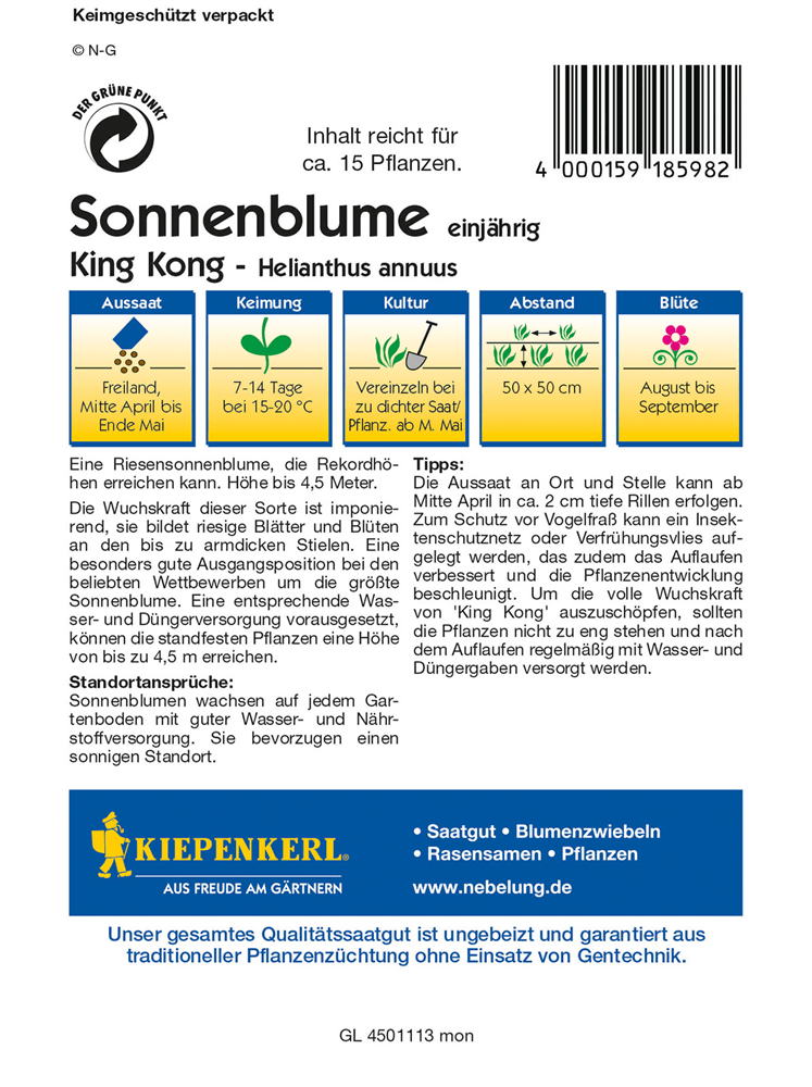 Sonnenblume 'King Kong' - Kiepenkerl - Pflanzen > Saatgut > Blumensamen - DerGartenmarkt.de shop.dergartenmarkt.de