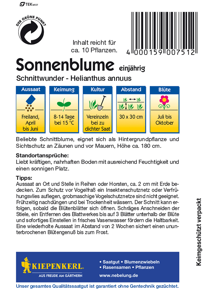 Sonnenblume 'Schnittwunder' - Kiepenkerl - Pflanzen > Saatgut > Blumensamen - DerGartenmarkt.de shop.dergartenmarkt.de