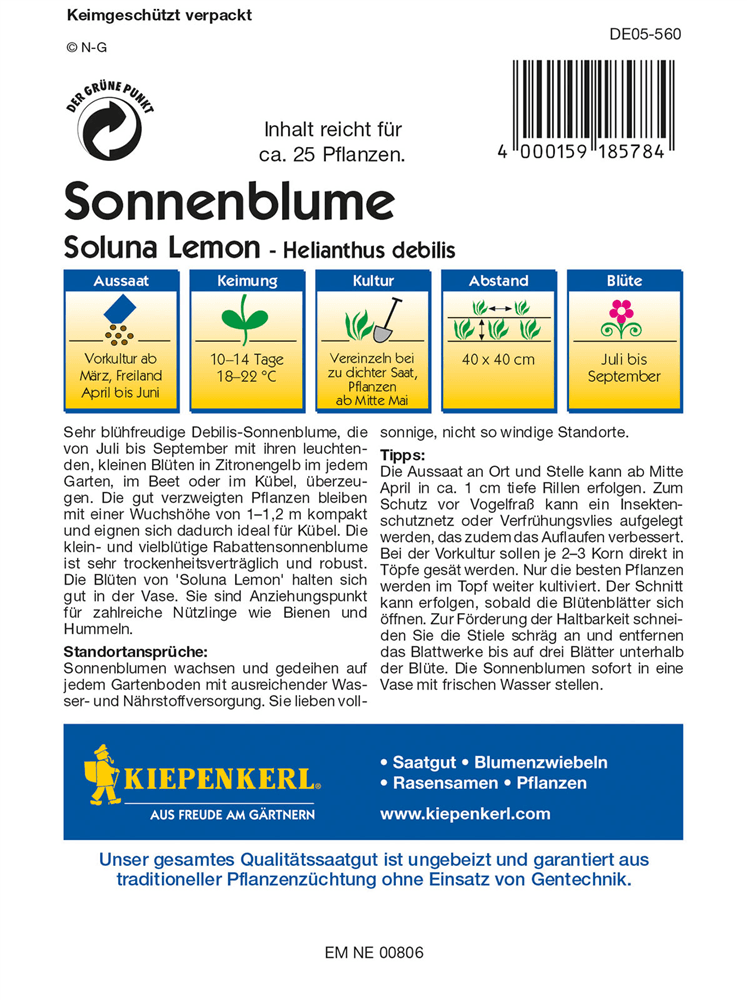 Sonnenblume 'Soluna Lemon' - Kiepenkerl - Pflanzen > Saatgut > Blumensamen - DerGartenmarkt.de shop.dergartenmarkt.de