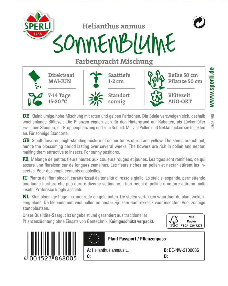 Sonnenblume - Sperli - Pflanzen > Saatgut > Blumensamen - DerGartenmarkt.de shop.dergartenmarkt.de