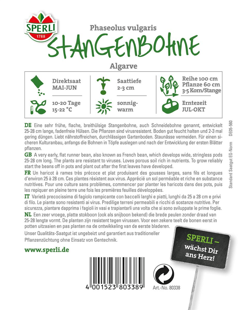 Stangenbohne 'Algarve' - Sperli - Pflanzen > Saatgut > Gemüsesamen > Bohnensamen - DerGartenmarkt.de shop.dergartenmarkt.de
