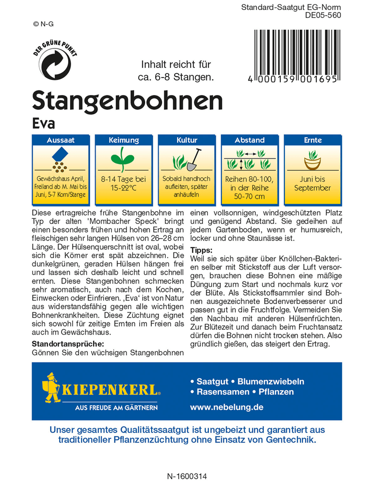 Stangenbohne 'Eva' - Kiepenkerl - Pflanzen > Saatgut > Gemüsesamen > Bohnensamen - DerGartenmarkt.de shop.dergartenmarkt.de