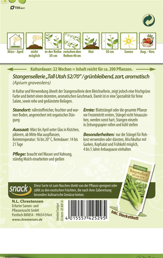 Stangenselleriesamen 'Tall Utah 52/70' - Chrestensen - Pflanzen > Saatgut > Gemüsesamen - DerGartenmarkt.de shop.dergartenmarkt.de