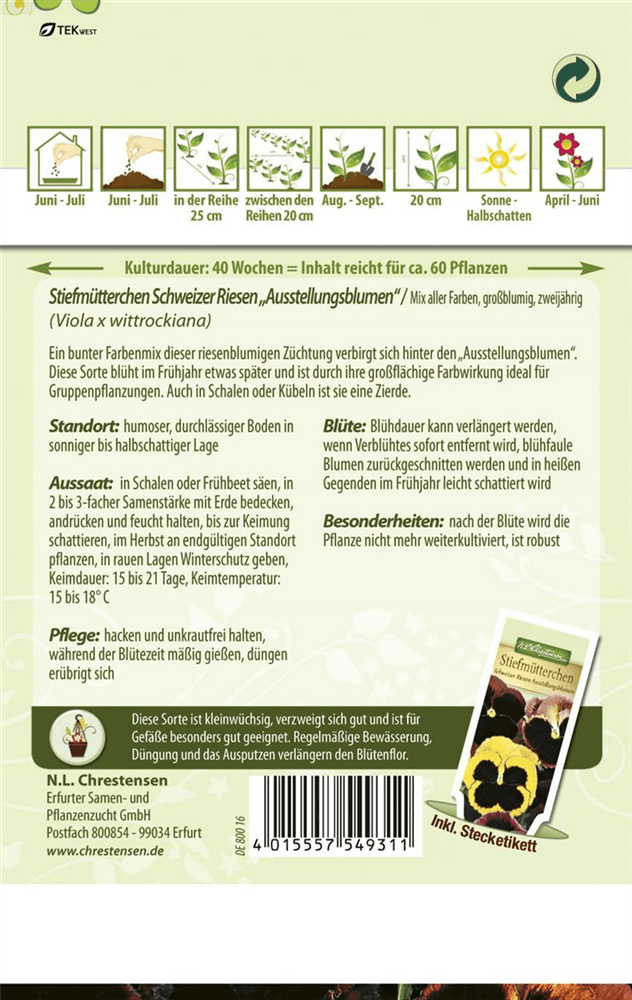 Stiefmütterchensamen 'Schweizer Riesen Ausstellungsblume' - Chrestensen - Pflanzen > Saatgut > Blumensamen > Blumensamen, einjährig - DerGartenmarkt.de shop.dergartenmarkt.de