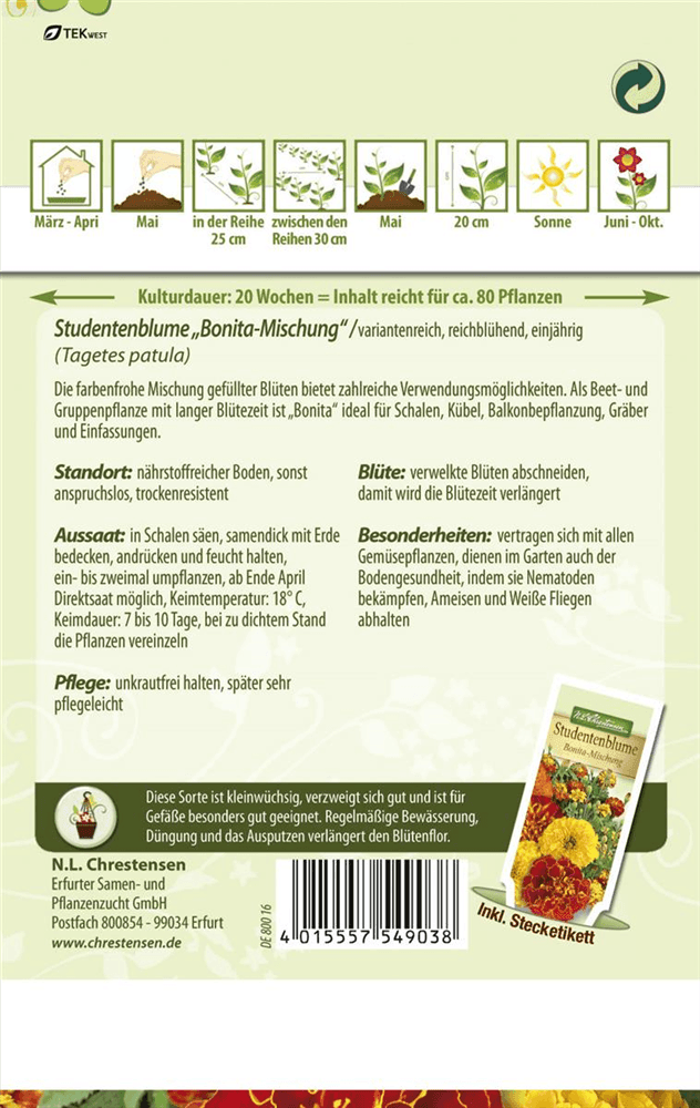 Tagetessamen 'Bonita-Mischung' - Chrestensen - Pflanzen > Saatgut > Blumensamen > Blumensamen-Mischungen - DerGartenmarkt.de shop.dergartenmarkt.de