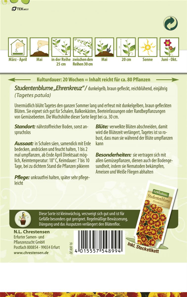 Tagetessamen 'Ehrenkreuz' - Chrestensen - Pflanzen > Saatgut > Blumensamen > Blumensamen, einjährig - DerGartenmarkt.de shop.dergartenmarkt.de