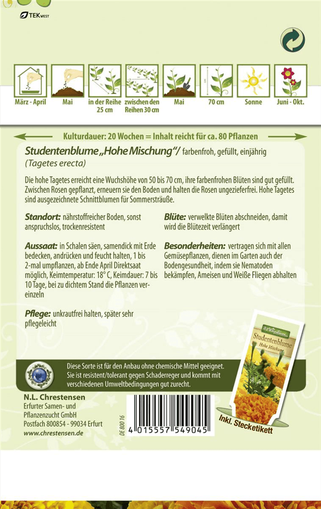 Tagetessamen 'Hohe Mischung' - Chrestensen - Pflanzen > Saatgut > Blumensamen > Blumensamen, einjährig - DerGartenmarkt.de shop.dergartenmarkt.de