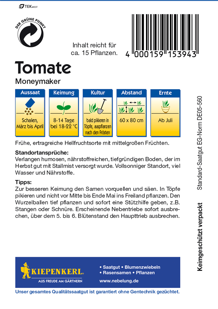 Tomate 'Moneymaker' - Kiepenkerl - Pflanzen > Saatgut > Gemüsesamen > Tomatensamen - DerGartenmarkt.de shop.dergartenmarkt.de